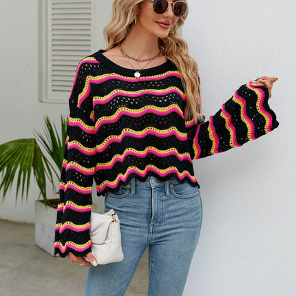 Round Neck Openwork Flare Sleeve Knit Top - MimiStylez
