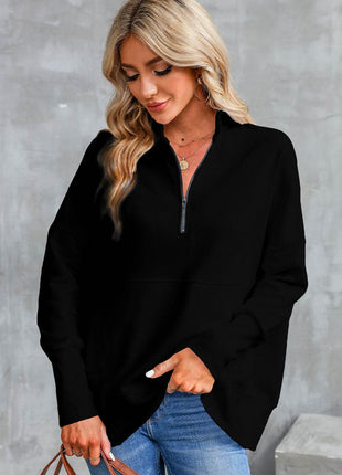 Half Zip Pocketed Dropped Shoulder Sweatshirt - MimiStylez