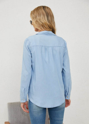 Pocketed Button Up Long Sleeve Denim Shirt - MimiStylez