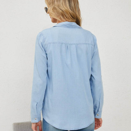 Pocketed Button Up Long Sleeve Denim Shirt - MimiStylez