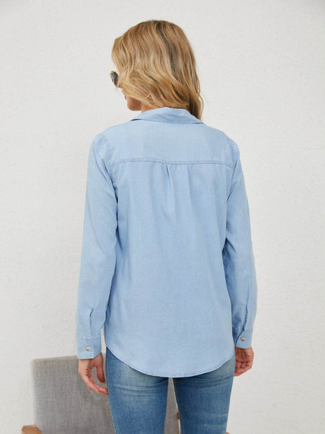 Pocketed Button Up Long Sleeve Denim Shirt - MimiStylez