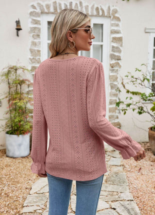 Eyelet Lace Trim Flounce Sleeve Blouse - MimiStylez