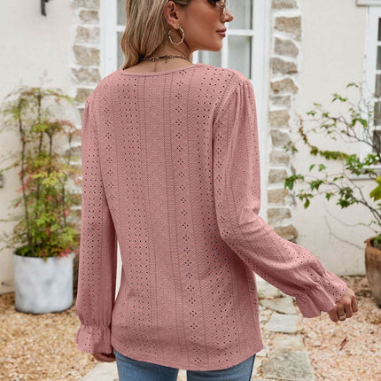 Eyelet Lace Trim Flounce Sleeve Blouse - MimiStylez