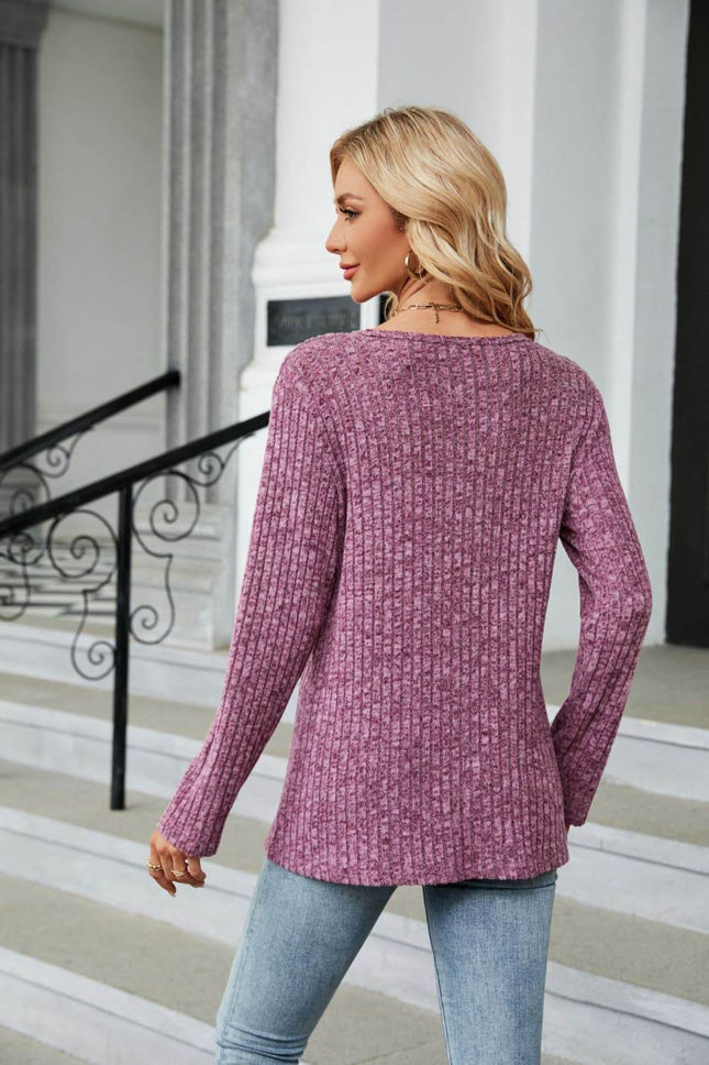 Buttoned Long Sleeve Slit Top - MimiStylez