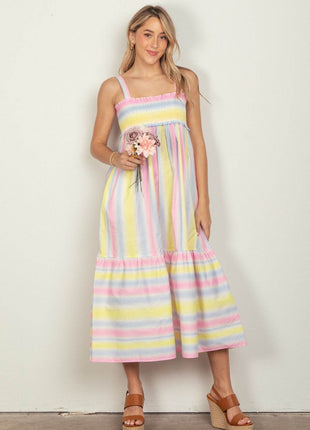 VERY J Striped Woven Smocked Midi Cami Dress - MimiStylez