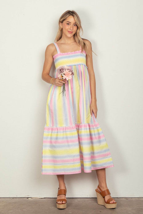 VERY J Striped Woven Smocked Midi Cami Dress - MimiStylez