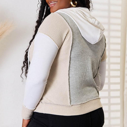 Double Take Color Block Exposed Seam Drawstring Hoodie - MimiStylez
