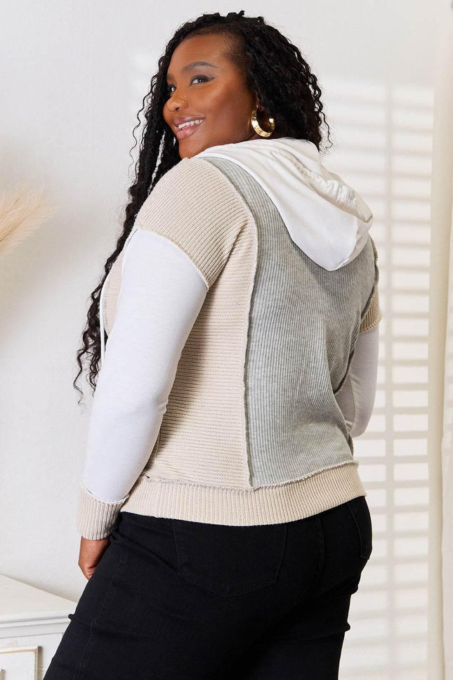 Double Take Color Block Exposed Seam Drawstring Hoodie - MimiStylez