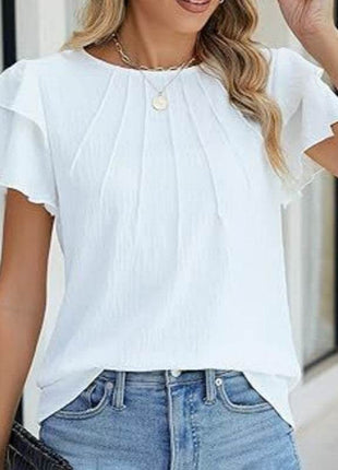 Women's Ruffle Short Sleeve Shirts Dressy Casual Crewneck Top - MimiStylez