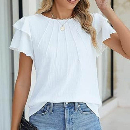 Women's Ruffle Short Sleeve Shirts Dressy Casual Crewneck Top - MimiStylez
