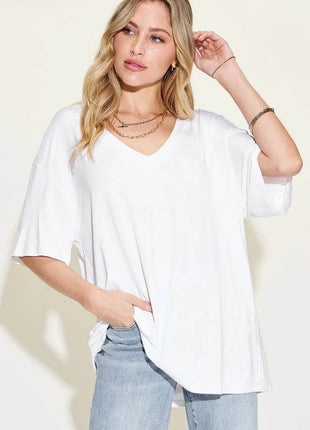 Basic Bae Full Size Bamboo V-Neck Drop Shoulder T-Shirt - MimiStylez