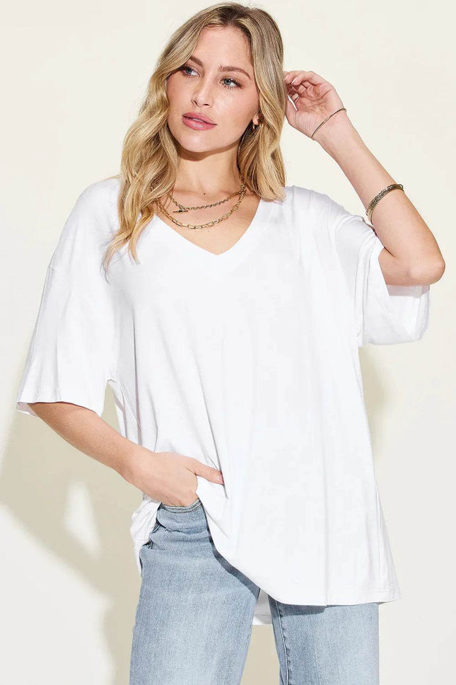 Basic Bae Full Size Bamboo V-Neck Drop Shoulder T-Shirt - MimiStylez