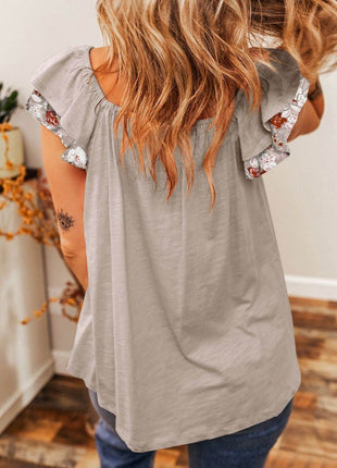 Ruffled Floral Square Neck Cap Sleeve Blouse - MimiStylez