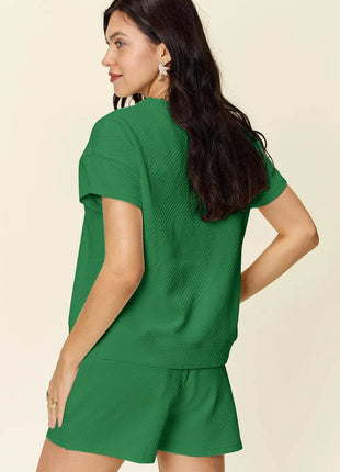 Double Take Full Size Texture Short Sleeve T-Shirt and Drawstring Shorts Set - MimiStylez