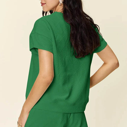 Double Take Full Size Texture Short Sleeve T-Shirt and Drawstring Shorts Set - MimiStylez
