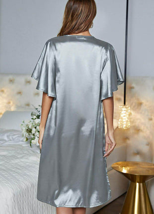 Satin Flutter Sleeve Side Slit V-Neck Night Dress - MimiStylez