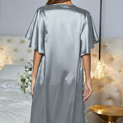 Satin Flutter Sleeve Side Slit V-Neck Night Dress - MimiStylez