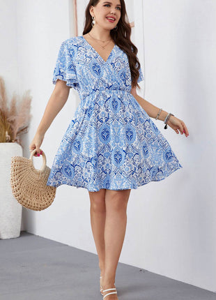 Plus Size Surplice Neck Flutter Sleeve Dress - MimiStylez