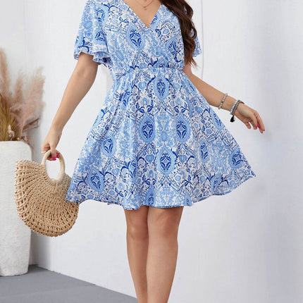 Plus Size Surplice Neck Flutter Sleeve Dress - MimiStylez