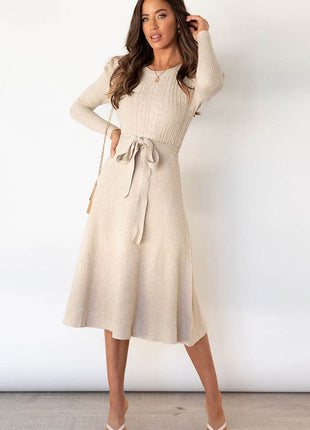 Round Neck Long Sleeve Tie Waist Sweater Dress - MimiStylez