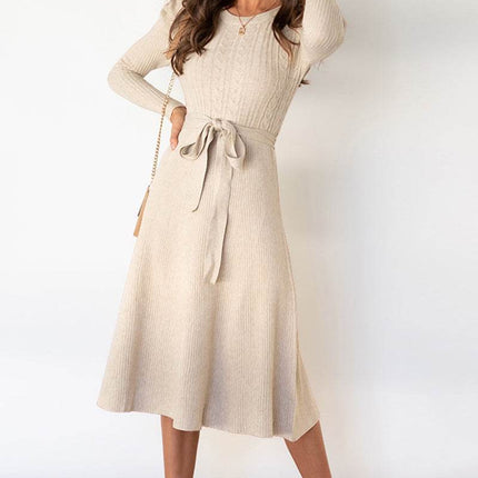 Round Neck Long Sleeve Tie Waist Sweater Dress - MimiStylez