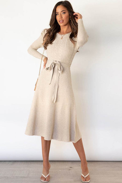 Round Neck Long Sleeve Tie Waist Sweater Dress - MimiStylez