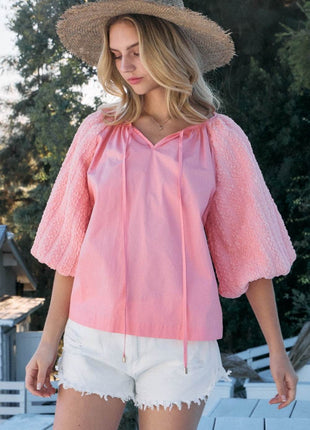 ODDI Full Size Poplin Bubble Sleeve Blouse - MimiStylez