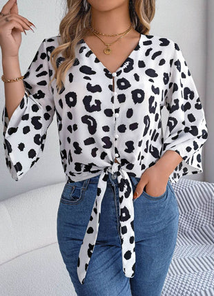 Tied Button Up Leopard V-Neck Blouse - MimiStylez