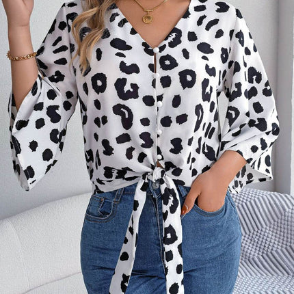 Tied Button Up Leopard V-Neck Blouse - MimiStylez