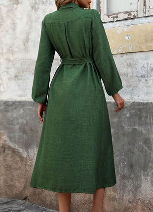 Perfee Collared Neck Long Sleeve Midi Shirt Dress - MimiStylez