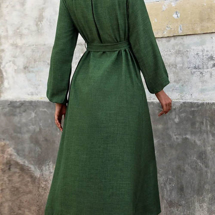 Perfee Collared Neck Long Sleeve Midi Shirt Dress - MimiStylez