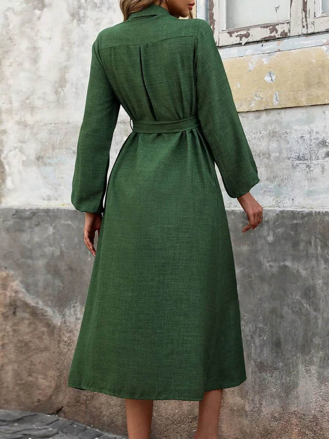 Perfee Collared Neck Long Sleeve Midi Shirt Dress - MimiStylez