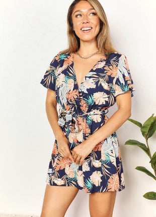 Botanical Print Surplice Neck Tie Waist Romper - MimiStylez