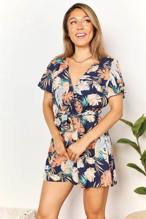 Botanical Print Surplice Neck Tie Waist Romper - MimiStylez