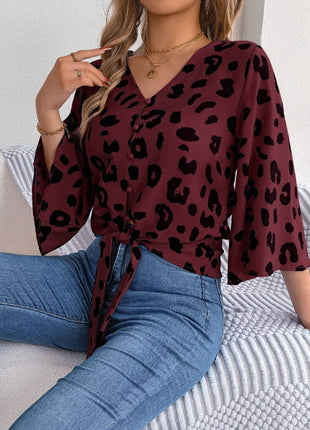 Tied Button Up Leopard V-Neck Blouse - MimiStylez