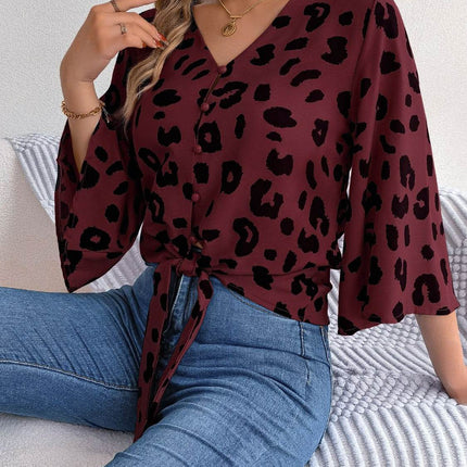 Tied Button Up Leopard V-Neck Blouse - MimiStylez