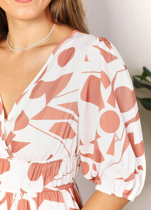 Printed Surplice Balloon Sleeve Dress - MimiStylez