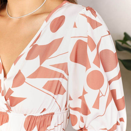 Printed Surplice Balloon Sleeve Dress - MimiStylez