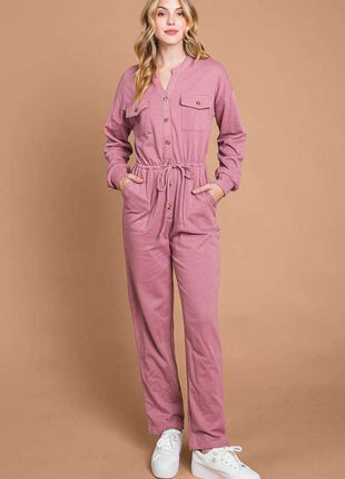 Culture Code Full Size Button Up Drawstring Waist Straight Jumpsuit - MimiStylez