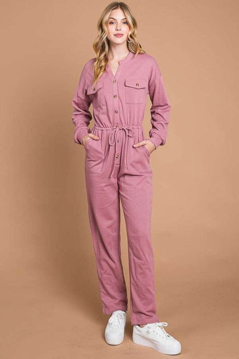 Culture Code Full Size Button Up Drawstring Waist Straight Jumpsuit - MimiStylez