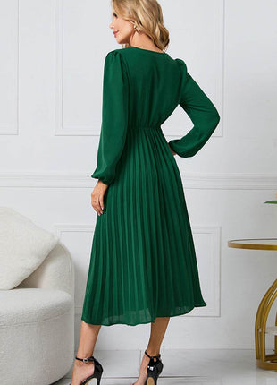 V-Neck Long Sleeve Tie Waist Midi Dress - MimiStylez