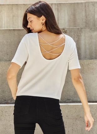 And The Why Pearly White Full Size Criss Cross Pearl Detail Open Back T-Shirt - MimiStylez