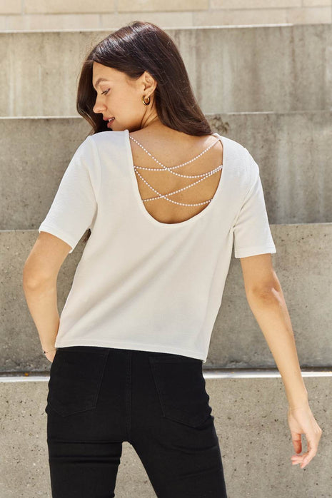 And The Why Pearly White Full Size Criss Cross Pearl Detail Open Back T-Shirt - MimiStylez