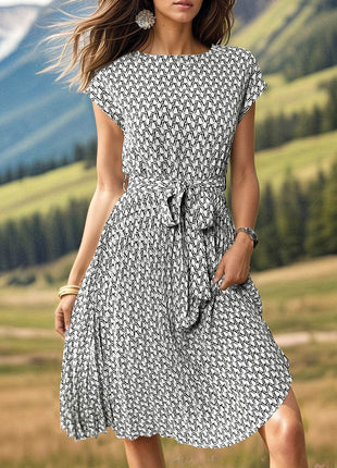 Printed Cap Sleeve Tie Waist Dress - MimiStylez