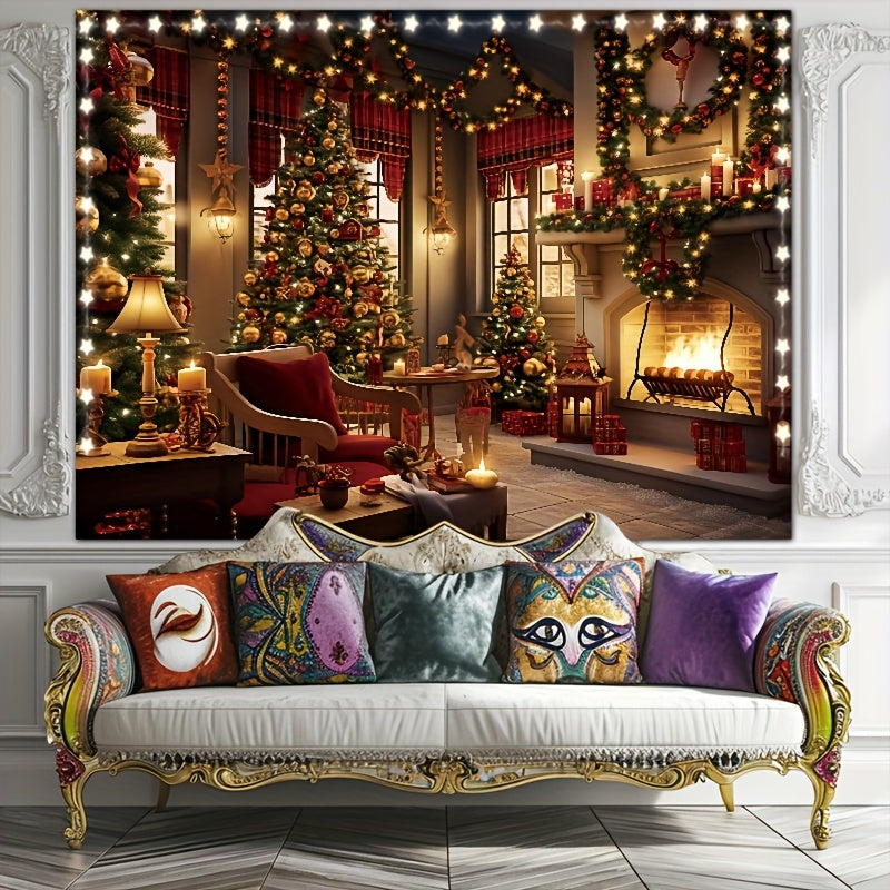 1pc Luminous Christmas Tapestry - Polyester Fiber Wall Decoration with Fireplace, Stockings, and Tree Pattern, Free Installation Package and Light String Included for Popular Party Photography Studio Props and Room Decoration