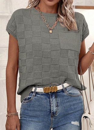 Plaid Pocketed Round Neck Sweater - MimiStylez