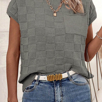 Plaid Pocketed Round Neck Sweater - MimiStylez