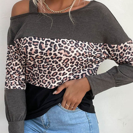 Leopard Print Color Block Cold Shoulder Top - MimiStylez