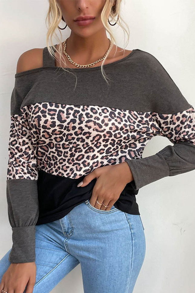 Leopard Print Color Block Cold Shoulder Top - MimiStylez