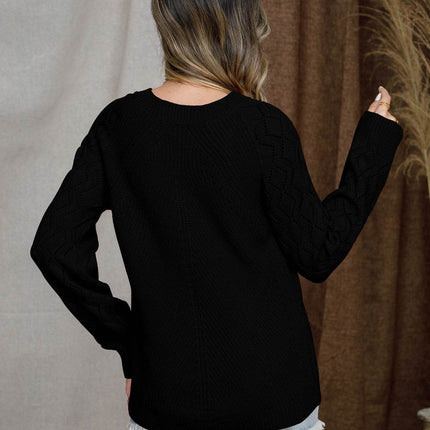 Openwork Round Neck Raglan Sleeve Sweater - MimiStylez